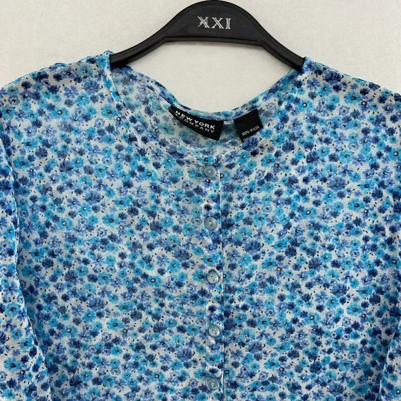 New York & Company Blouse Womens XL Blue Floral Button-Up Round Neck Long Sleeve - Picture 6 of 11